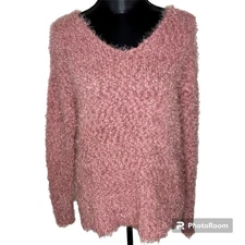 Knox Rose Sweater Fuzzy Eyelash Lace Back V Neck Coquette Textured Pink Large