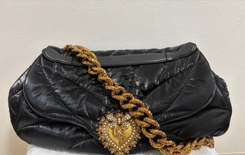 DOLCE&GABBANA Devotion Quilted Black × Gold Nylon Chain Shoulder Bag with box
