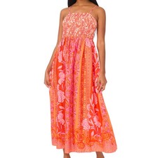 MSK Floral Paisley Smocked Cotton Orange Sleeveless Dress Womens Size M NWT