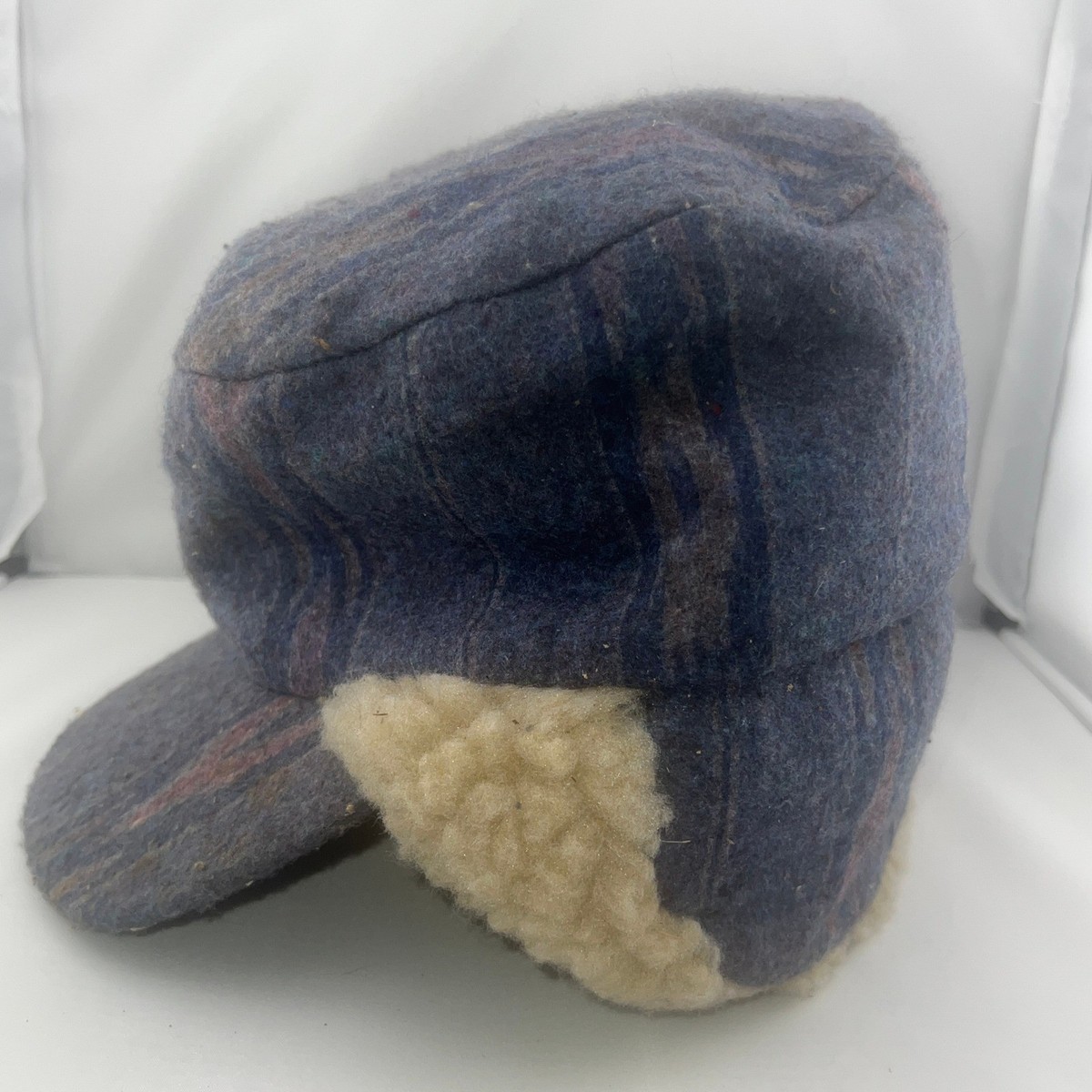 Vintage Made in USA Wool Trapper Hat Blue Striped Faux Shearling