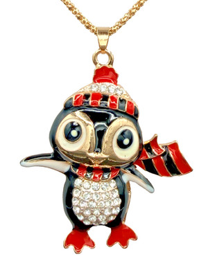 BETSEY JOHNSON ADORABLE BLACK & RED CRYSTAL AND ENAMEL PENGUIN PENDANT NECKLACE