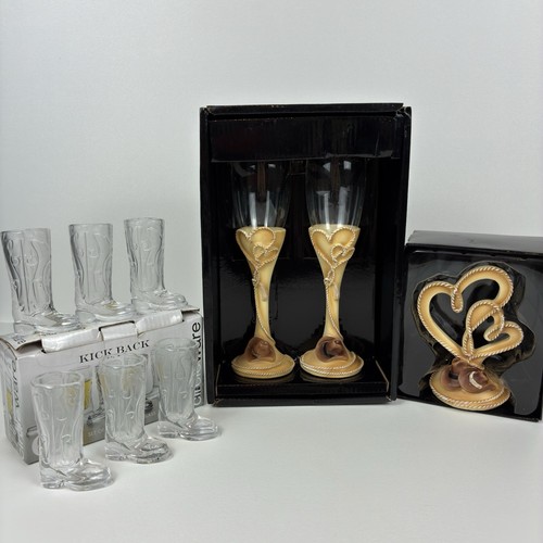 Wedding Toasting Set: 2 Gold Heart Champagne Flutes + Cake Topper + Boot Shots