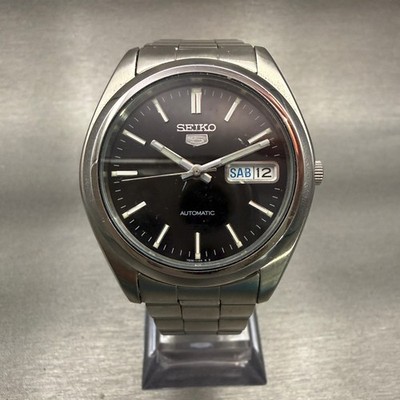 Seiko 5 Watch Men 37mm Black Dial Silver Tone Daydate Round 7S26