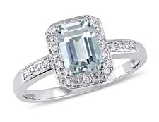 1.00 Carat ctw Clear Emerald-Cut Aquamarine Ring with Diamonds 10K White Gold