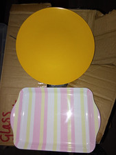 Vintage Melamine Yellow Plate & Modern Plastic Tray Yellow/White/Pink Stripes