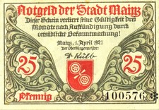 Notgeldschein, der Stadt Mainz, 25 Pf, Römerhelm, Wappen