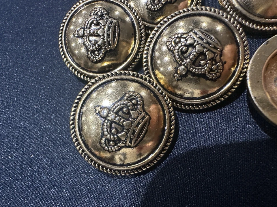 9 Vintage Military-Style Crown Buttons Gold Tone Metal Shank Button Uniform 25mm - Image 4 of 4