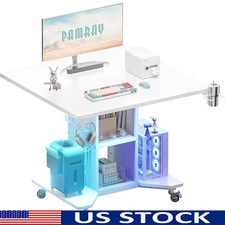Compact Gaming Desk W/ LED Lights Power Outlet Storage Wheels Headphone Hook New