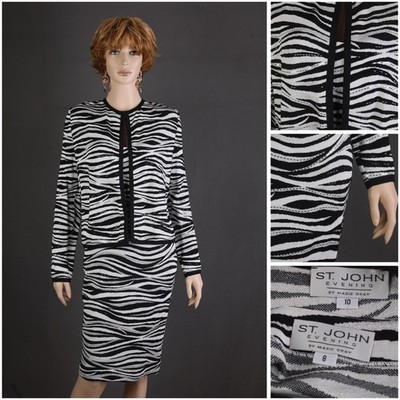 St. John EVENING SHIMMERED KNIT2pc SUIT,JACKET+DRESS,SIZE 10 8,BLACK/WHITE,CHIC!