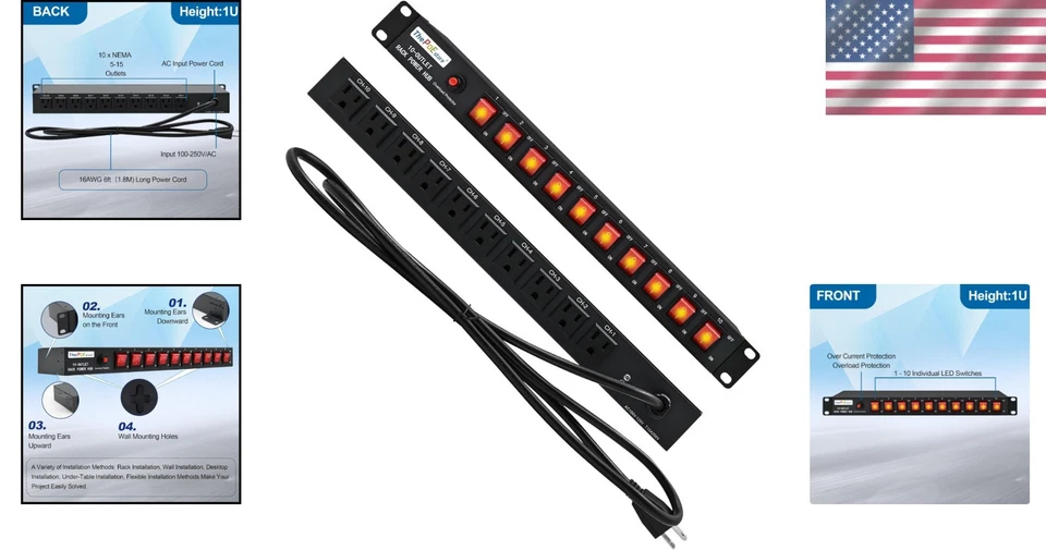 10-Outlet Rackmount Power Strip with LED Switches & 1800 Joules Surge Protection - Image 2 of 4