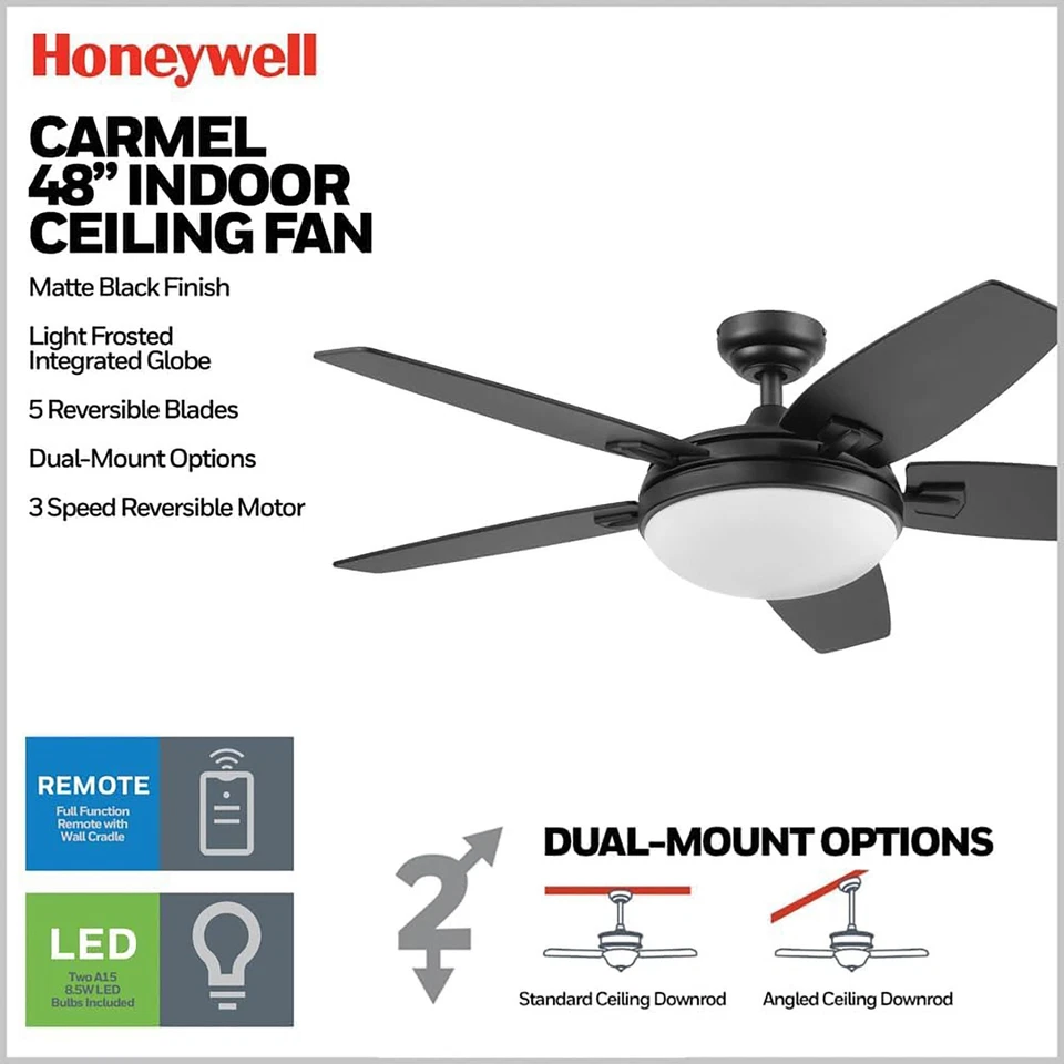 Honeywell 48" Ceiling Fan, LED Light, Remote Control, Carmel, Black (Open Box) - Image 2 of 4