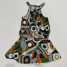 Vintage 70s Style Halter Neck Mini Dress Geometric Psychedelic Print Green Multi