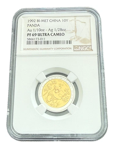 China 1992 1/10 oz Gold/Silver 10 Yuan Bi-Metallic Panda NGC PF69UC