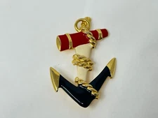 Vintage Goldtone Red Blue Cream Enamel 2.5" Anchor Brooch Pin