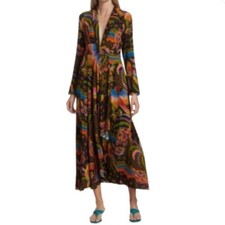 NWT Farm Rio Maxi Dress Macaw Island Print LS Sleeve Black Bird Print Boho Small