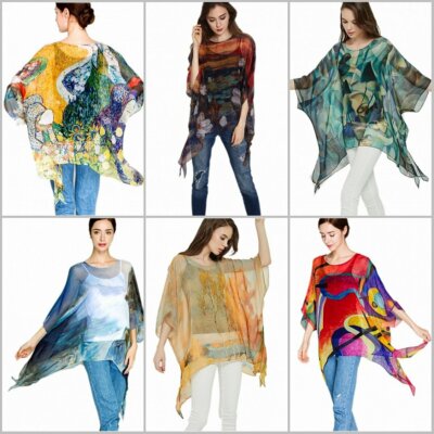 Seide Damen Sommer-Poncho Chiffon-Überwurf Tunika Bikini Überwurf Seiden-Tunika