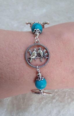 Türkis Perle, Love Bird Charm, 19 cm Armband. Handarbeit im Geschenktüte