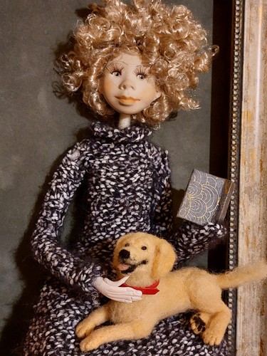 Lady with Dog - Art Doll in Frames, home decor, wall pendant, ooak doll, present - Picture 7 of 7