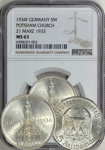 Germany 1934F 5 Mark / Five Reichsmark. Potsdam. NGC MS-63. Luster!
