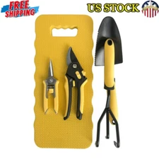 5 Piece Black Yellow Metal Gardening Tool Set W/ Foam Knee Pad Perfect Gift New