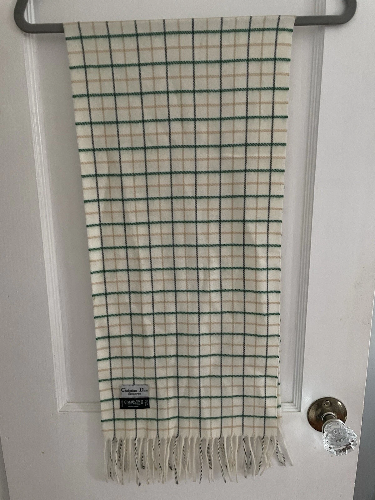 Foulard vintage Christian Dior cashmaire crème douce à carreaux fabriqué au JAPON franges