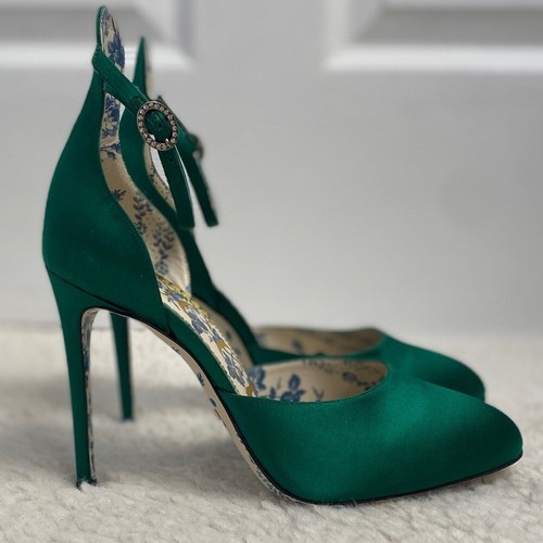 Gucci Satin Daisy Ankle Strap d'Orsay 105 Pumps Sz 37 US 7 Emerald Green Spring - Picture 7 of 13