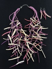 Chunky Boho Necklace And Earrings Multilayered Bib Style Wood/Bead Pink Purple
