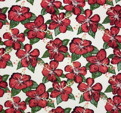 SCHUMACHER FABIENNE RED HAND PAINTED FLORAL DESIGN LINEN FABRIC 7 YARDS 55''W