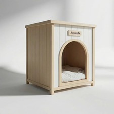 Indoor Wooden Dog House w/ Cushion Cedar Pet House Cream White Yellow