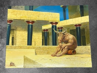 Original Alex Bloch Oil Painting - Surrealist Minotaur & Palace of Knossos 18x24