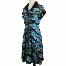 Unique Vintage Women Blue Multi-Colored Patterned Midi Dress Size Medium / 6-8