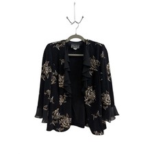 Alex Evenings Black Floral Glitter Ruffle Evening Jacket Blazer women Size S