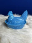 Vintage Westmorland Hen On Nest. Blue Milk Glass . Excellent Condition