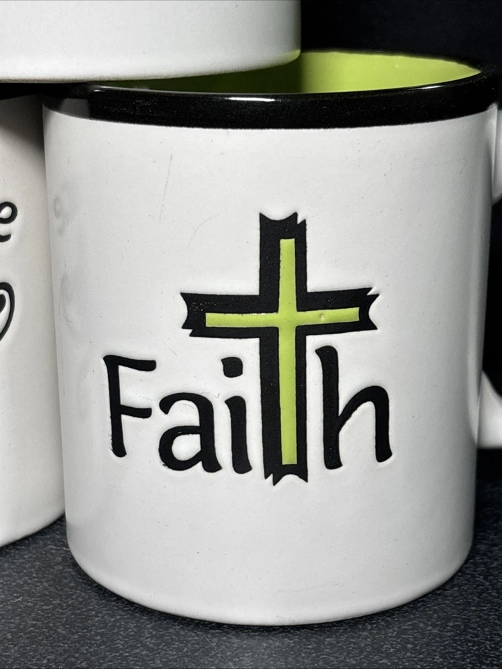 SET 5 Christian Art Gifts Embossed 4" Coffee Mugs 2010 Faith Hope Love Joy Grace - Image 2 of 4