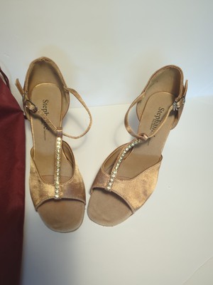 Stephanie Elite Tan Satin Crystals Ballroom Dance Shoes Size 5 Heel 3'' W/Bag USA