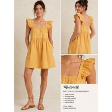 NWT Madewell Flutter-Sleeve Mini Dress Marigold Yellow Cotton Womens Size S