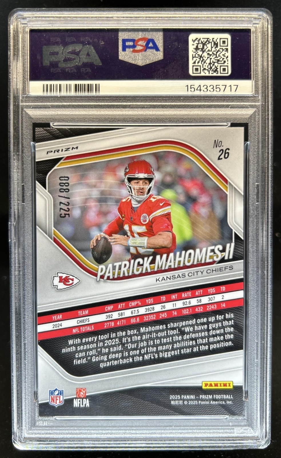 2025 Panini Prizm Patrick Mahomes II Purple Ice #/225 Chiefs PSA 10 GEM MINT view 2