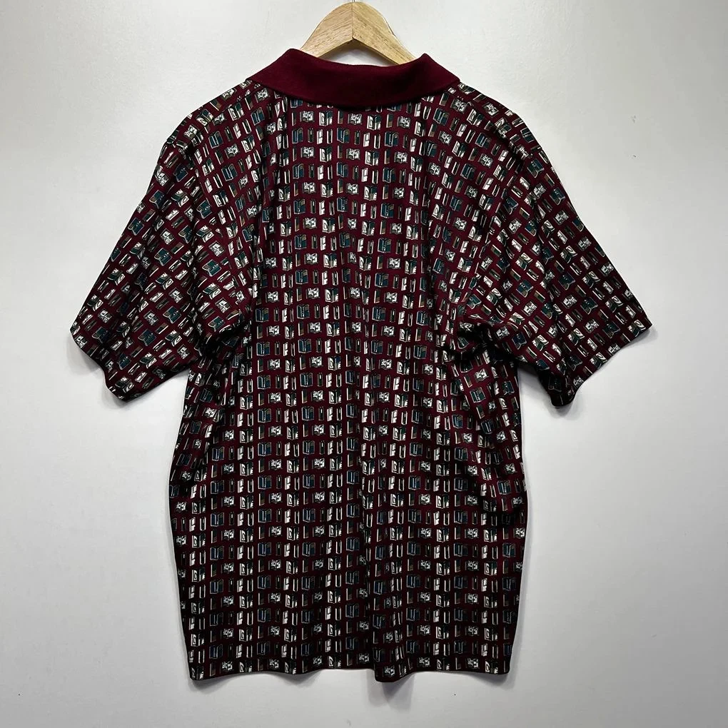 Dunhill Mens Polo Shirt Size XL Burgundy Red Book Print 100% Cotton Short Sleeve