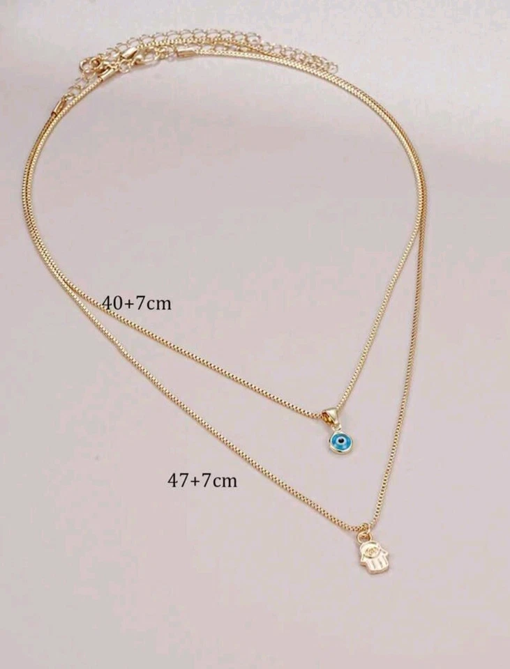 Juego de collar multicapa Hamsa enchapado en oro de 18k mano y mal de ojo Foto 4 de 4