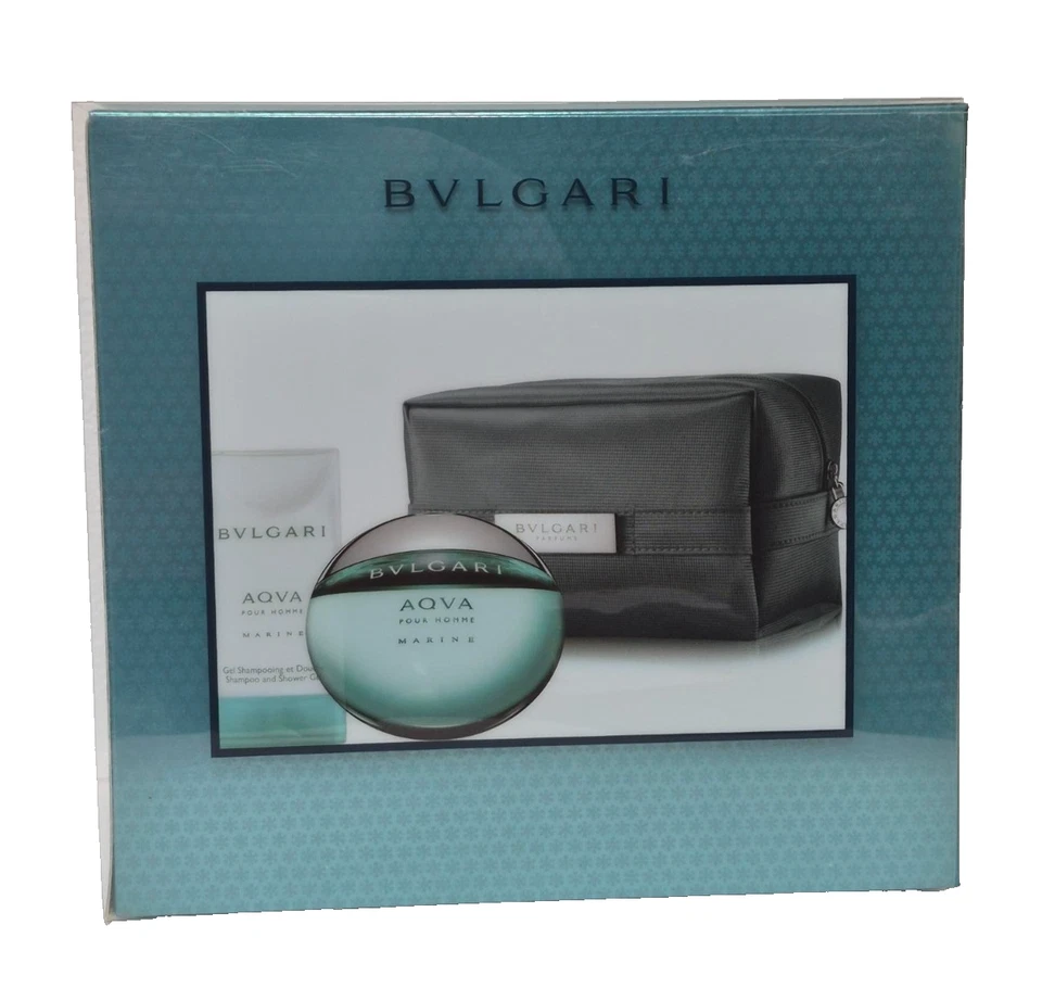 BULGARI AQUA POUR HOMME MARINE MEN SET 1.7 EDT SPRAY 2.5 SHOWER GEL & POUCH - Image 3 of 4