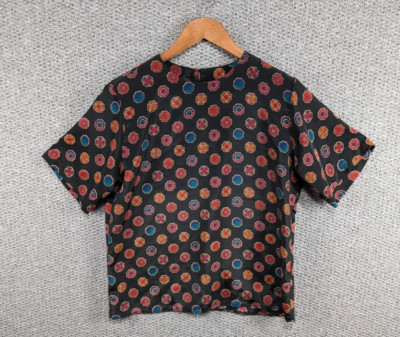 Notations Vintage Damen buntes Muster Satin Schulterpolster USA Bluse Top M