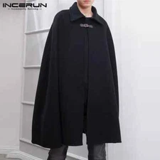 INCERUN Fashion Men Cloak Coats Lapel Solid Color One Button Cape Trench