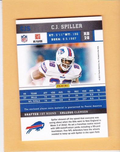 C.J. SPILLER 2011 SCORE PRIME PATCH #CJS BUFFALO BILLS NM-MT - Picture 2 of 2