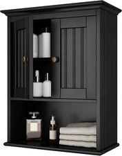 Black Wall-Mounted Wood Cabinet with Doors  Adjustable Shelf for Storage
