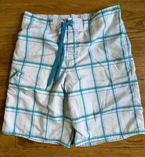 Mens Swim Trunks Size 32 - 34 Medium OP Brand White Blue Plaid Mesh Lining Tie