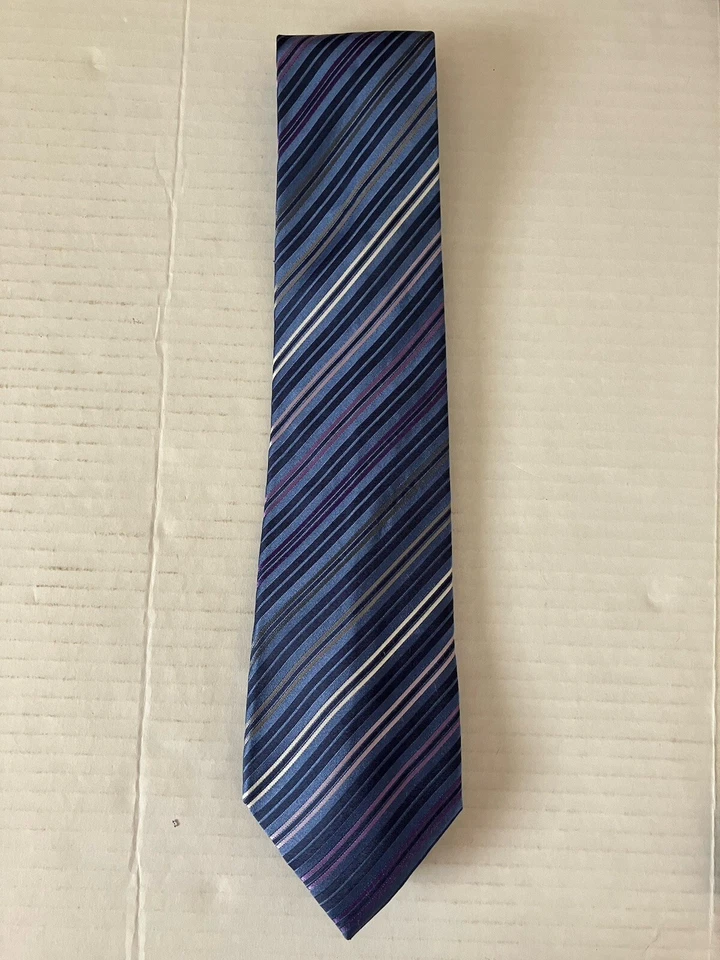 Corbata de seda para hombre Van Heusen hecha a mano púrpura azul negro blanco a rayas Foto 2 de 4
