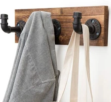 MyGift 3 Hook Wall Mounted Industrial Style Pipe Fixture and Wood Coat Rack