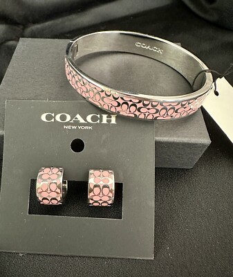 Coach Set Logo Blush Pink Enamel/ Silver Hoop Earrings Bangle Hinged  Bracelet
