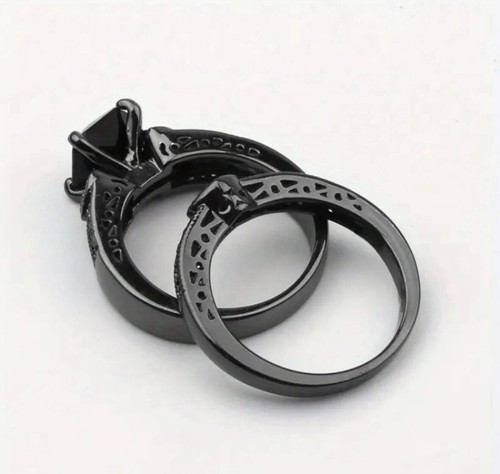 Princess Black Onyx Heart Engagement Size 6 Ring Set Black Gold Plated 4️⃣ - Picture 6 of 9