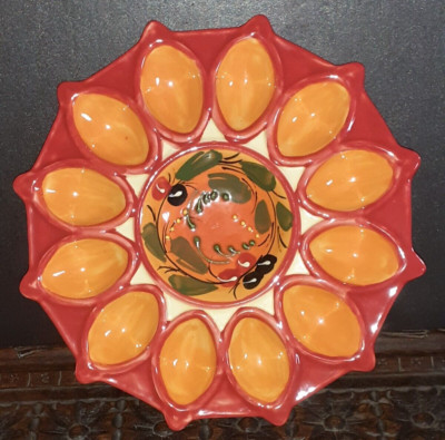 Vintage MCM Deviled Egg Servierplatte Floral Mandarine Orange Teller